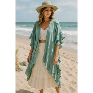 Jade by Jane Sage Green Ruffle Duster Kimono Women’s One Size NEW Boho